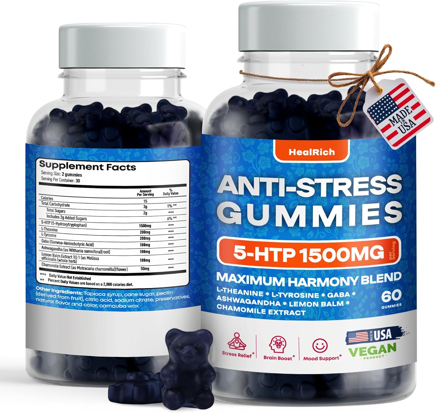Stress Relief Gummies - 1500Mg 5Htp With L-Theanine Gaba & L-Tyrosine - Ashwagandha Herbal Supplement Supports Intellectual Alertness Vegan Brain Mood Booost Supplements For Kids & Adults Made In Usa