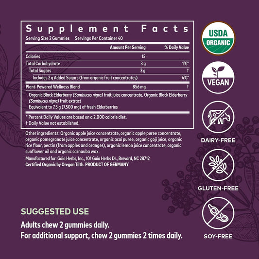 Gaia Herbs, Adult Daily Gummies, Organic, Vegan, Sambucus Black Elderberry Supplement for Daily Immune and Antioxidant Support, 40 Count (Pack of 1)