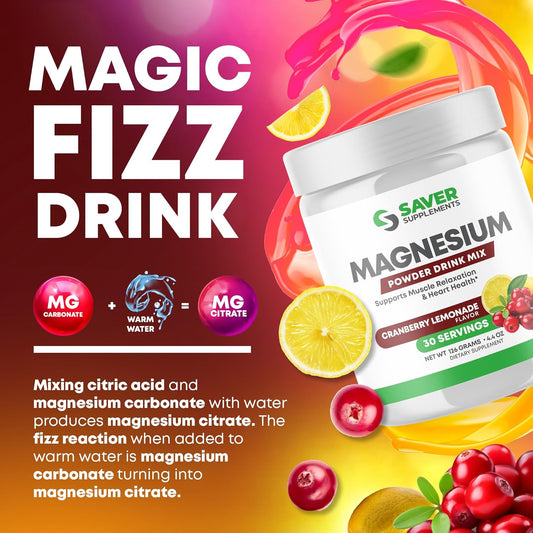Magnesium Powder - Anti-Stress Drink Mix For Calm & Regularity - Magnesium Citrate Supplement - Relaxation, Muscle & Heart Support - Cranberry Lemonade Flavor - 30 Servings