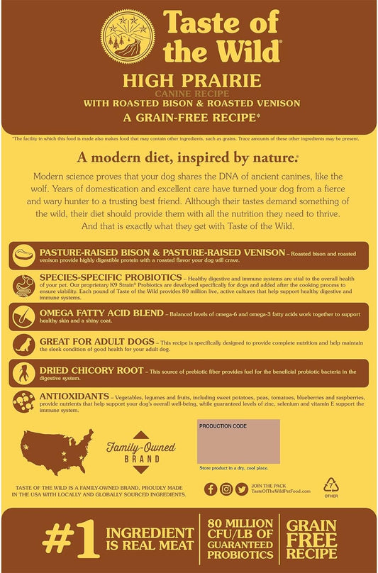 Taste Of The Wild High Prairie Canine Grain-Free Recipe With Roasted Bison And Venison Adult Dry Dog Food, Made With High Protein From Real Meat And Guaranteed Nutrients And Probiotics 28Lb