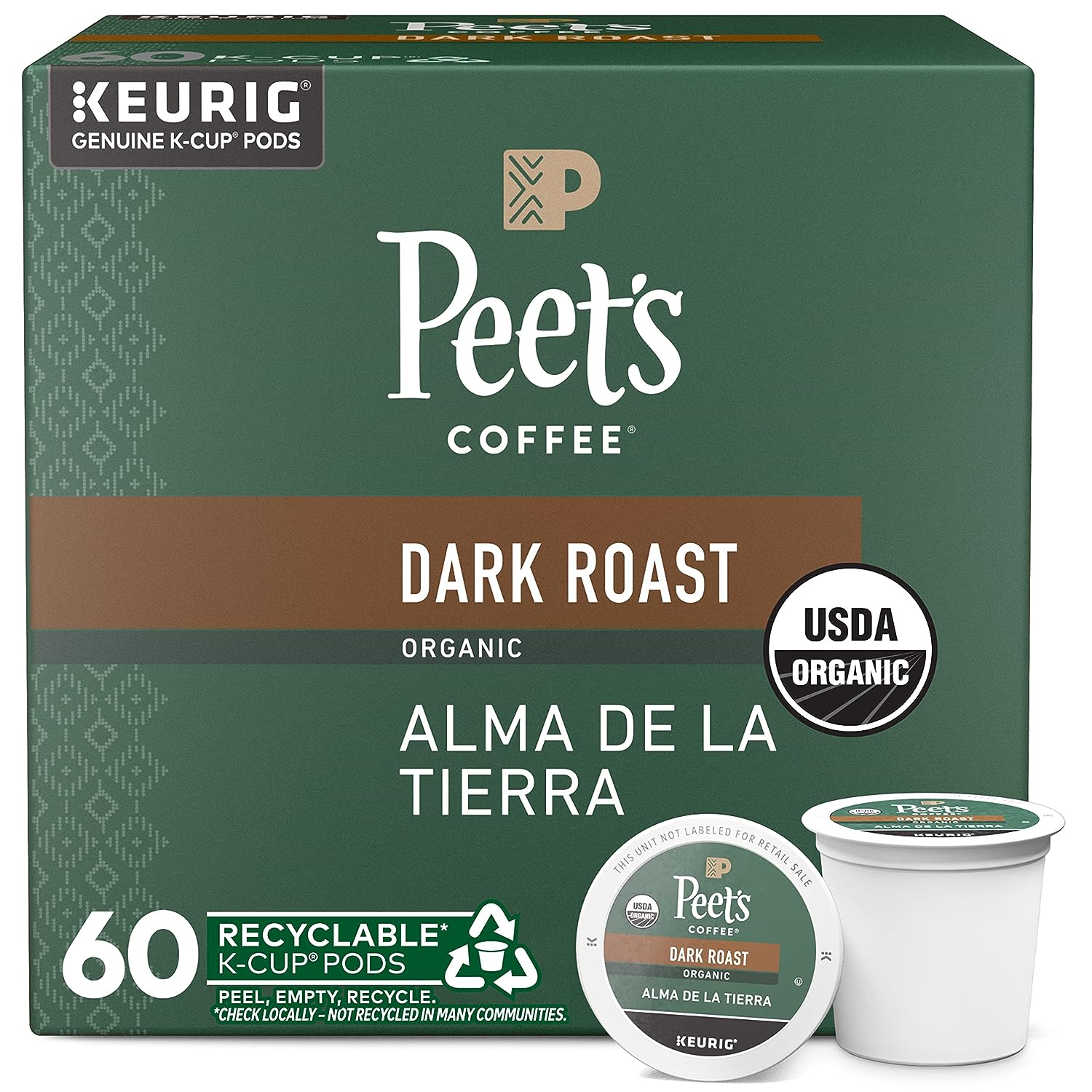 Peet's Coffee, Dark Roast K-Cup Pods for Keurig Brewers - Organic Alma de la Tierra, USDA Organic 60 Count (6 Boxes of 10 K-Cup Pods)