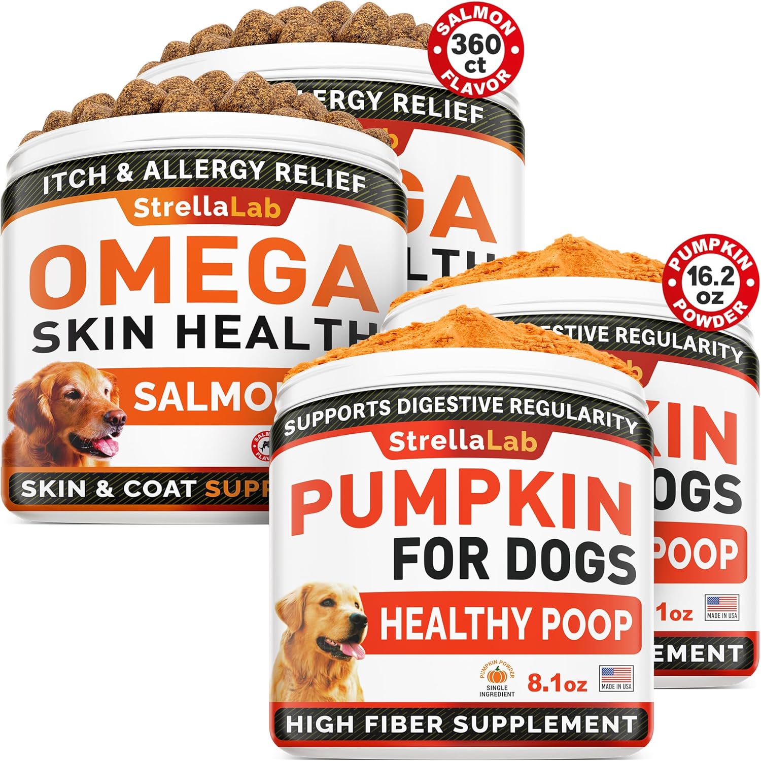 Omega 3 + Pumpkin Dogs Bundle - Allergy &Itch Relief Skin&Coat Supplement + Stool Consistency And Softener - Dry Itchy Skin, Hot Spots Treatment + Diarrhea,Constipation - 360 Ct + 16.2Oz - Made In Usa