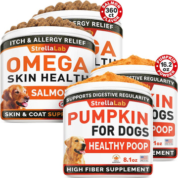 Omega 3 + Pumpkin Dogs Bundle - Allergy &Itch Relief Skin&Coat Supplement + Stool Consistency And Softener - Dry Itchy Skin, Hot Spots Treatment + Diarrhea,Constipation - 360 Ct + 16.2Oz - Made In Usa