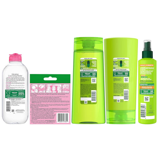 Garnier Back to School Bundle| Micellar Water (400mL), EcoPads, Fructis Sleek & Shine Shampoo (22 Fl Oz), Conditioner (21 Fl Oz) + 10-in-1 (8.1 Fl Oz), 5-piece Set (Packaging May Vary)