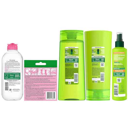 Garnier Back To School Bundle| Micellar Water (400Ml), Ecopads, Fructis Sleek & Shine Shampoo (22 Fl Oz), Conditioner (21 Fl Oz) + 10-In-1 (8.1 Fl Oz), 5-Piece Set (Packaging May Vary)