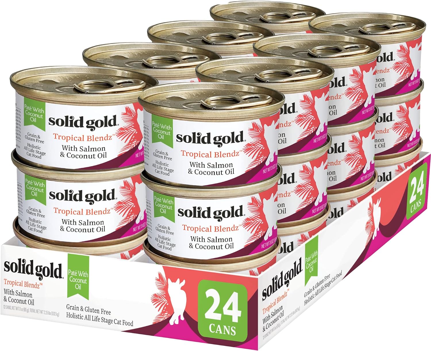 Solid Gold Wet Cat Food Pate For Adult & Senior Cats - Real Salmon & Coconut Oil - Tropical Blendz Grain Free Wet Cat Food For Healthy Digestion, Skin, Coat & Sensitive Stomach - 24Ct/3Oz Can