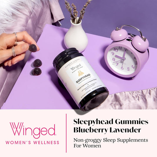 Winged Sleepyhead Gummies | Non-Habit Forming Natural Sleep Supplement | 8 Powerful Nutrients With Melatonin, L-Theanine, 5-Htp, Passionflower & Lemon Balm | Blueberry Lavender Flavor (7 Servings)