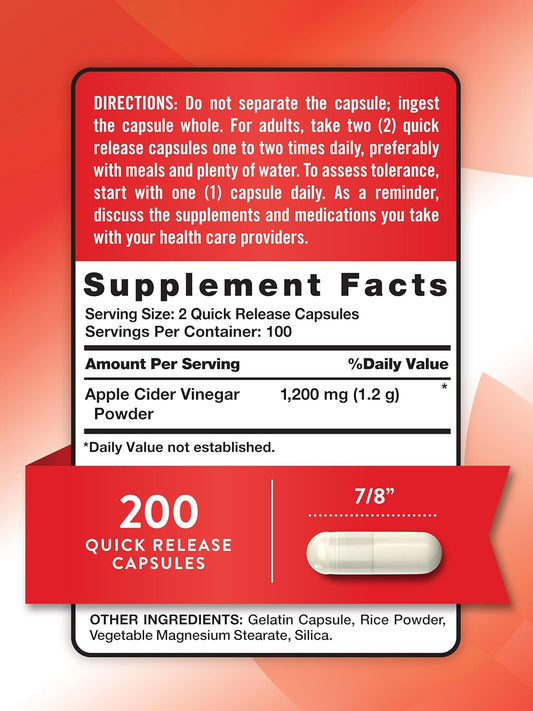 Nature'S Truth Apple Cider Vinegar Capsules | 1200Mg | 200 Pills | Extra Strength | Value Size | Non-Gmo, Gluten Free Supplement