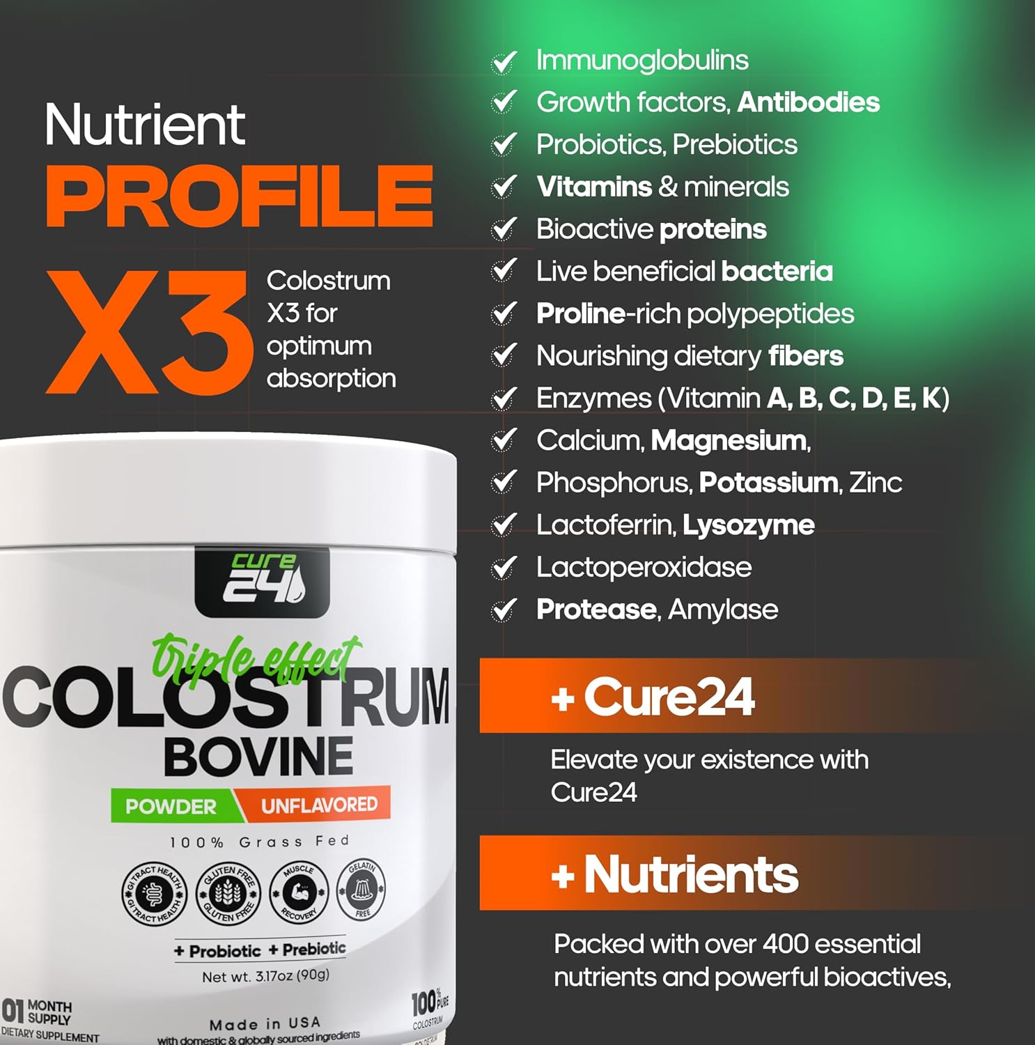 Cure24 Bovine Colostrum X3 Supplement Powder For Humans, 100% Pure Whole Natural Grass Fed Superfood, High Igg, Plus Probiotic & Prebiotic, Unflavored, Made In Usa : Health & Household