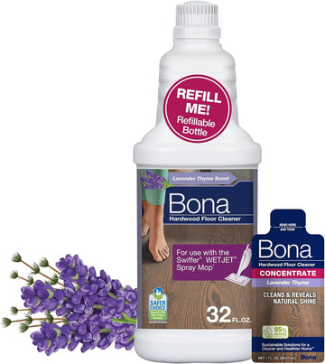 Bona Hardwood Floor Cleaner Bottle for use with Swiffer WETJET Spray Mop, Lavender Thyme Scent, makes 64 Fl Oz - Includes Filled Bottle + Concentrate Refill for Wood Floor Cleaning