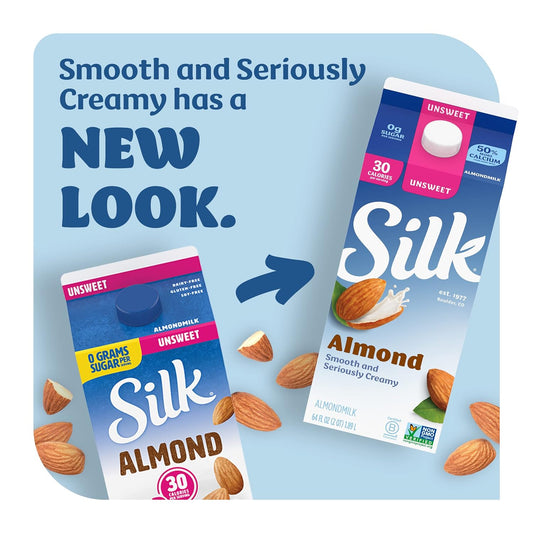 Silk Almond Milk, Unsweet, Dairy Free, Gluten Free, Seriously Creamy Vegan Milk With 50% More Calcium Than Dairy Milk, 64 Fl Oz Half Gallon