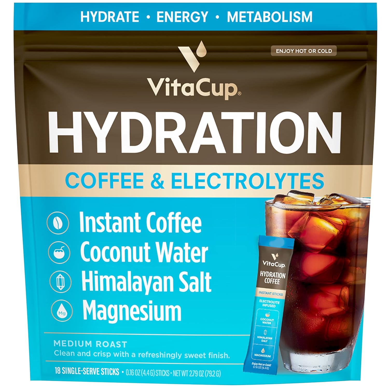 Vitacup Hydration Coffee Packets, The First Coffee That Hydrates You W/Electrolytes, Coconut Water, Pink Himalayan Salt, Magnesium, Medium Roast, Instant Coffee In Single Serve Sticks, 18 Ct