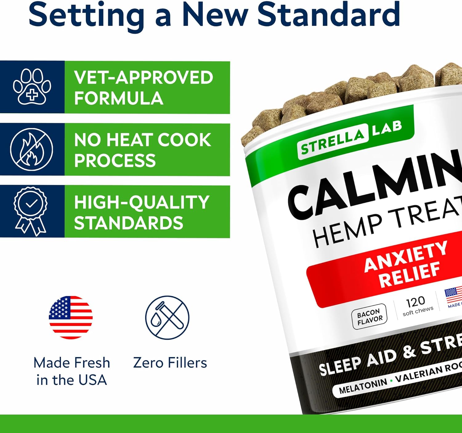 STRELLALAB Hemp Calming Chews for Dogs Anxiety Relief - Made in USA w/Hemp Oil - Dog Training & Behavior Aid - Natural Stress Relief During Firework, Storm, Separation, Barking - 120 Treats - Bacon : Pet Supplies