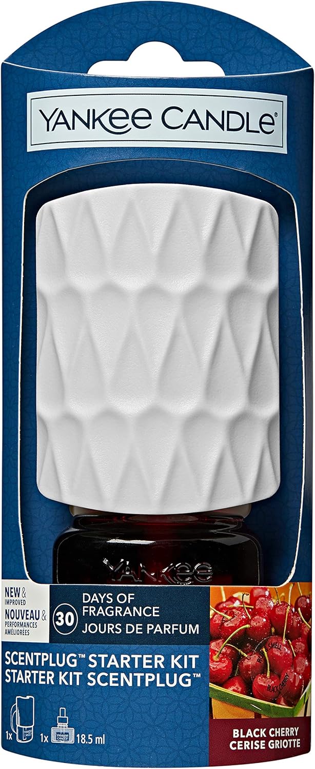 Yankee Candle Scentplug Starter Kit, Black Cherry Plug In Air Freshener, Up To 30 Days Of Fragrance, White Organic Pattern, Uk 3 Pin Plug