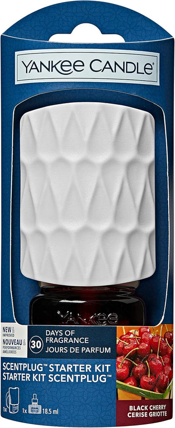 Yankee Candle Scentplug Starter Kit, Black Cherry Plug In Air Freshener, Up To 30 Days Of Fragrance, White Organic Pattern, Uk 3 Pin Plug