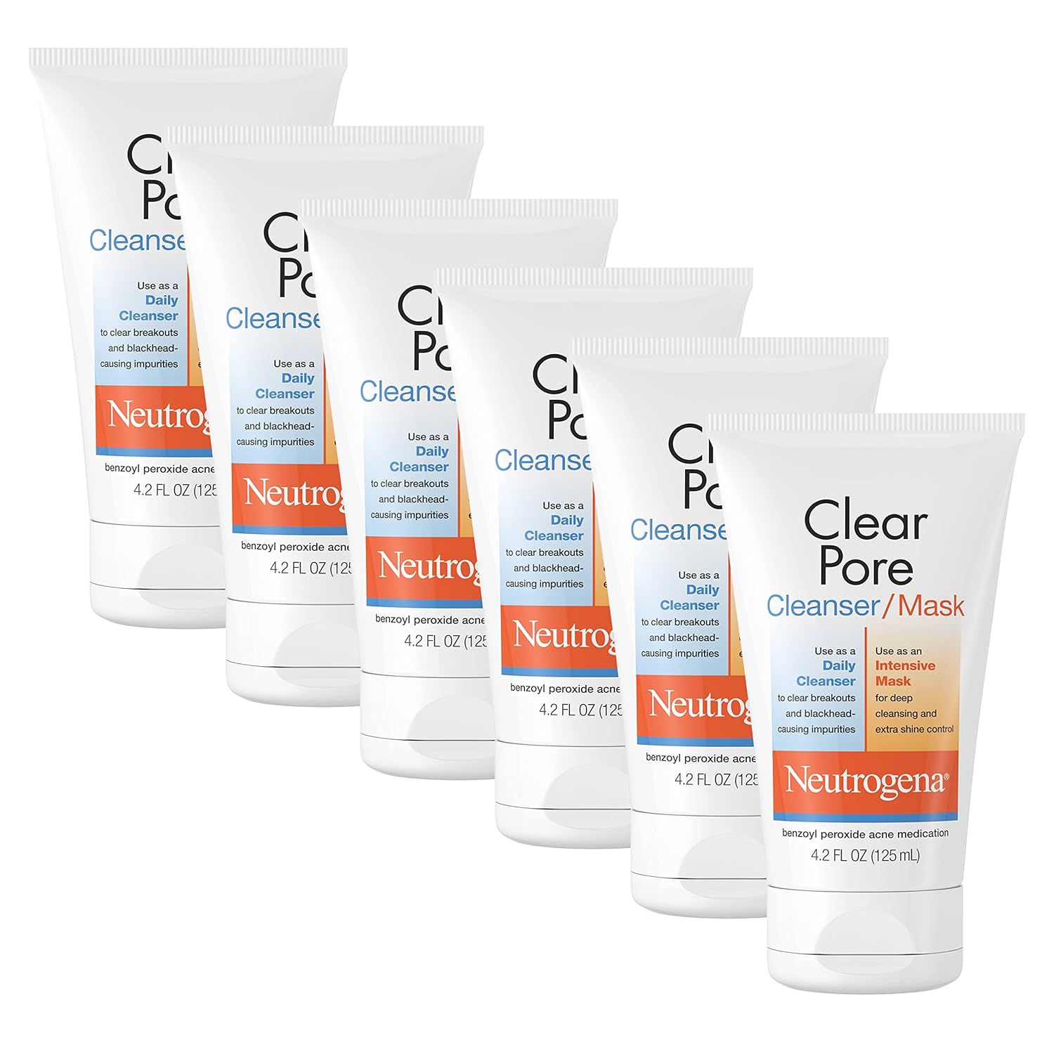 Neutrogena Clear Pore 2 In 1 Facial Cleanser/Face Mask With Kaolin & Bentonite Clay & 3.5% Benzoyl Peroxide Acne Treatment Medication, Daily Face Wash & Shine Control Clay Mask, 4.2 Fl. Oz (Pack Of 6)