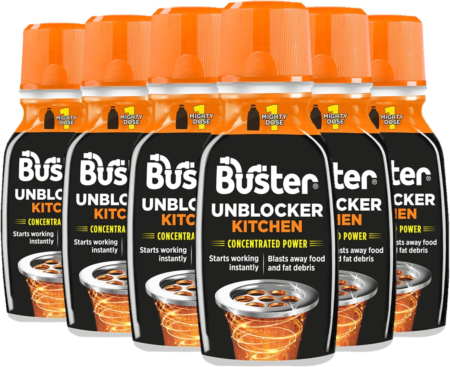Buster Kitchen Plughole Unblocker 150G, Pack Of 6 - Kitchen Drains & Sinks Unblocker, Blasts Fat & Food Debris – Fast Acting Plughole Unclogger, Clears Blockages & Slow-Draining Water