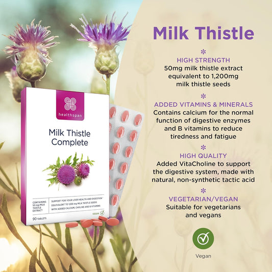 Healthspan Milk Thistle Complete (90 Tablets) | 50mg Milk Thistle Extract | with B Vitamins, Calcium & Choline to Support Your Digestive Health & Liver Function | Vegan Friendly