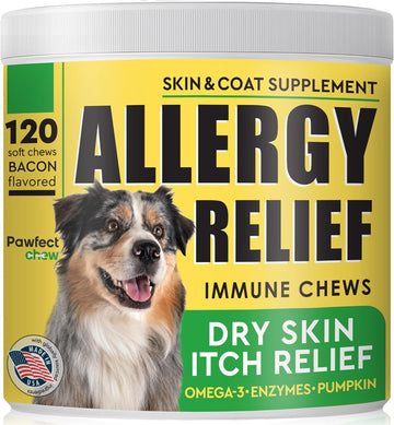 Dog Allergy Relief Chews - Anti-Itch Skin Coat Supplement - Itchy Skin Relief Treatment Pills w/Omega 3 Fish Oil - Itching & Paw Licking - Dry Skin & Hot Spots - 120 Immune Treats - Bacon