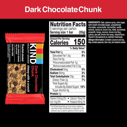 Kind Healthy Grains Bars, Dark Chocolate Chunk, Healthy Snacks, Gluten Free, 5 Count