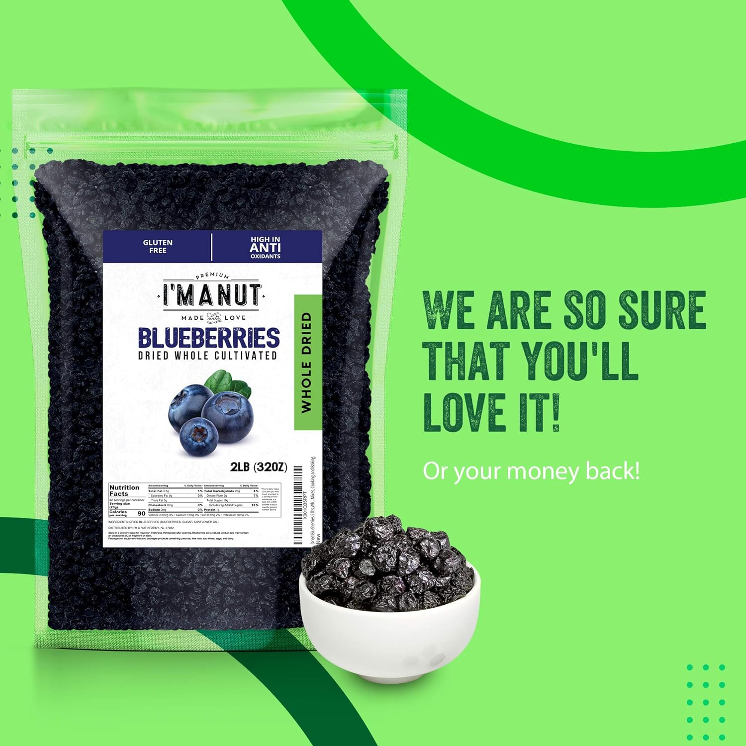 Dried Blueberries 2 Lbs, Whole, Cultivated, Batch Tested Gluten & Peanut Free, Resealable Bag, Great For Salads, Mixes, Cooking And Baking