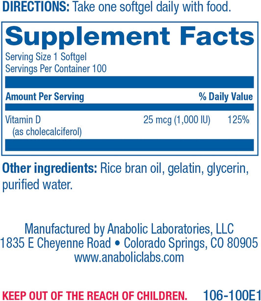 Anabolic Laboratories Vitamin D3 1,000 IU (25 mcg) - 100 Vitamin D Softgels for Bone, Immune, and Cellular Health - Mega D Supplement