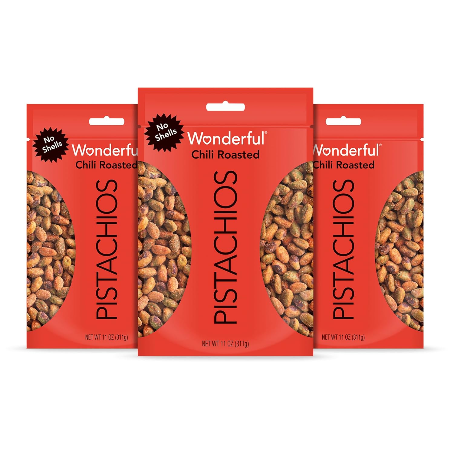 Wonderful Pistachios No Shells, Chili Roasted Nuts, 11 Ounce Bag (Pack Of 3), Protein Snacks, Gluten Free, Healthy Snacks For Adults