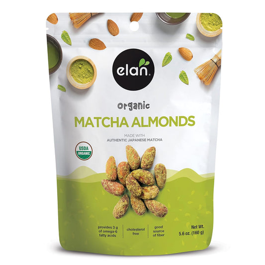 Elan Organic Matcha Almonds, Non-GMO, Gluten-Free, Vegan, Kosher, Superfood Infused Nuts (Roasted Almonds, Coconut, Matcha Green Tea Powder), Source of Antioxidants (Vitamin A), 8 pack of 5.6 oz