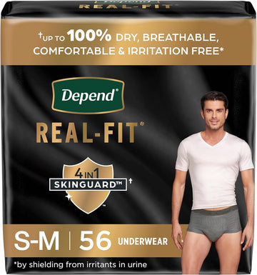 Depend Real Fit Incontinence Underwear For Men, Disposable, Maximum Absorbency, Small/Medium, Grey, 56 Count (2 Packs Of 28), Packaging May Vary