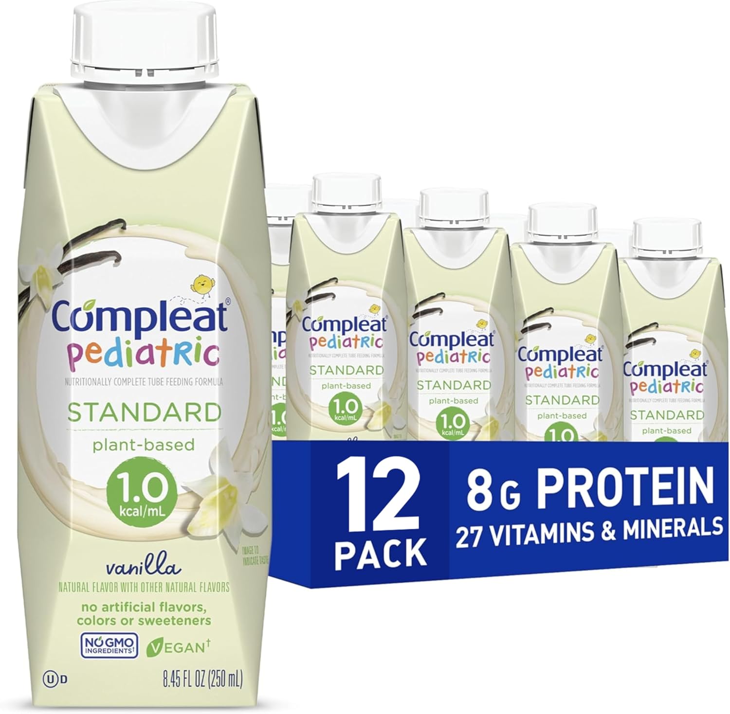 Compleat Pediatric Standard 1.0 Plant-Based Vanilla Nutrition Shake, 8G Of Protein, 27 Vitamins & Minerals - Vegan Tube Feeding Formula, 8.45 Fl Oz (Pack Of 12)