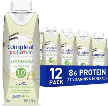 Compleat Pediatric Standard 1.0 Plant-Based Vanilla Nutrition Shake, 8G Of Protein, 27 Vitamins & Minerals - Vegan Tube Feeding Formula, 8.45 Fl Oz (Pack Of 12)