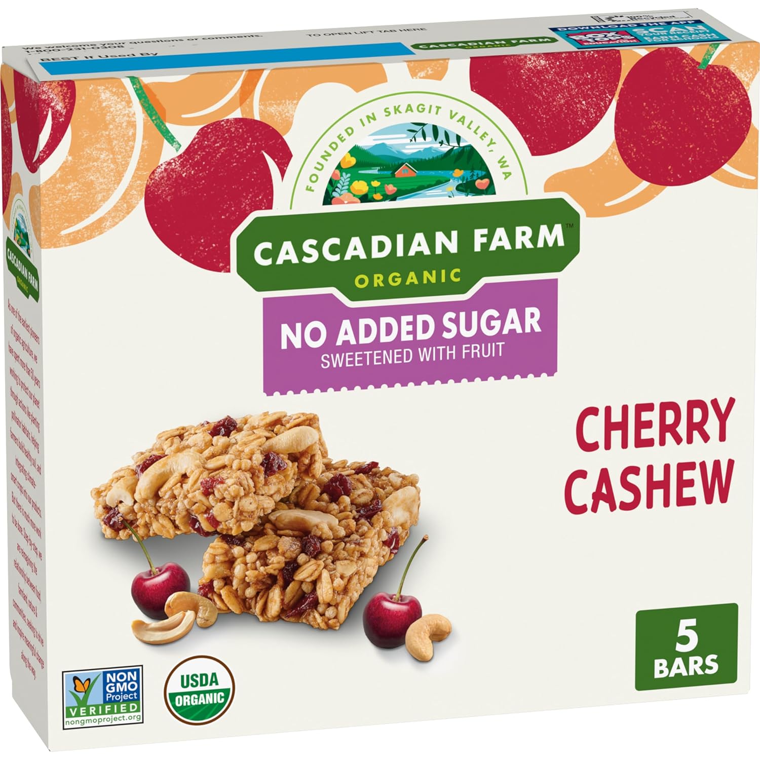 Cascadian Farm Organic Cherry Cashew Chewy Granola Bars, No Added Sugar, 6 oz, 5 Count