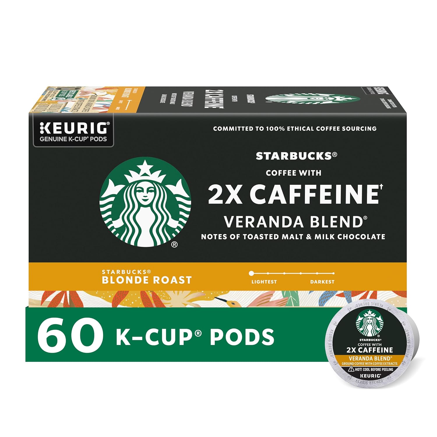Starbucks K-Cup Coffee Pods, Starbucks Blonde Roast Coffee With 2X Caffeine Veranda Blend For Keurig Coffee Makers, 100% Arabica, 6 Boxes (60 Pods Total)