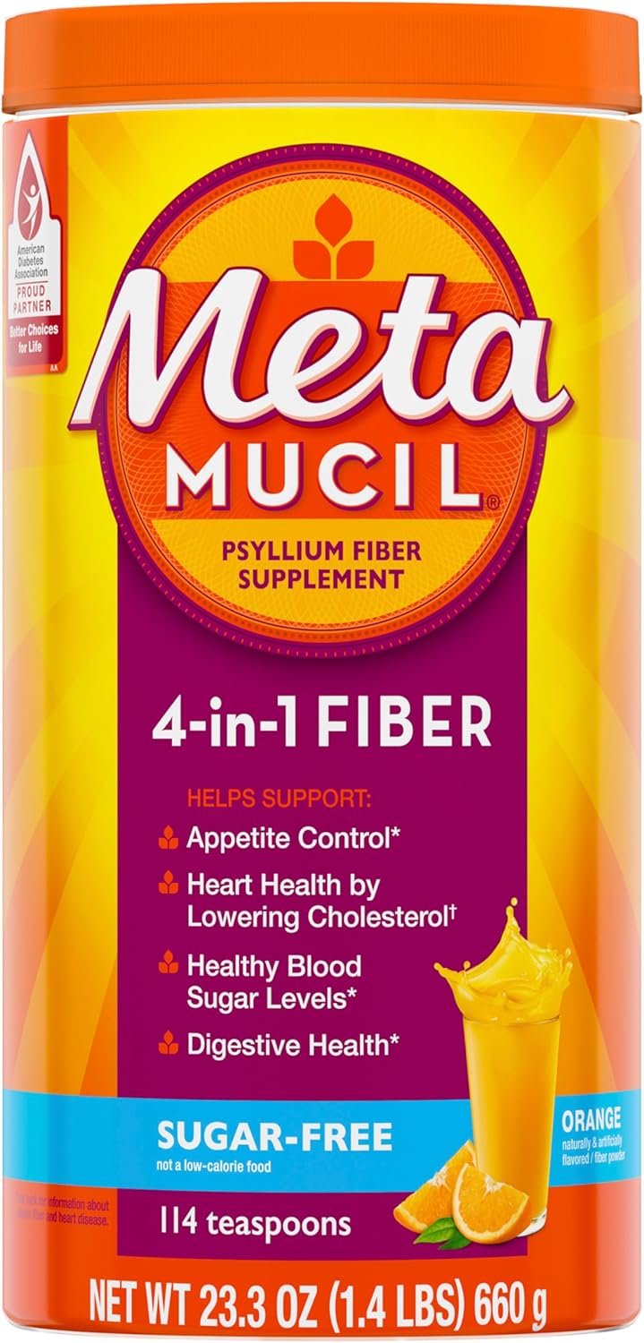 Metamucil 4 In 1 Daily Fiber Supplement Powder, Fiber Powder For Digestive Health And Regularity*, Sugar-Free, Orange, Naturally Sourced Psyllium Fiber, 114 Teaspoons