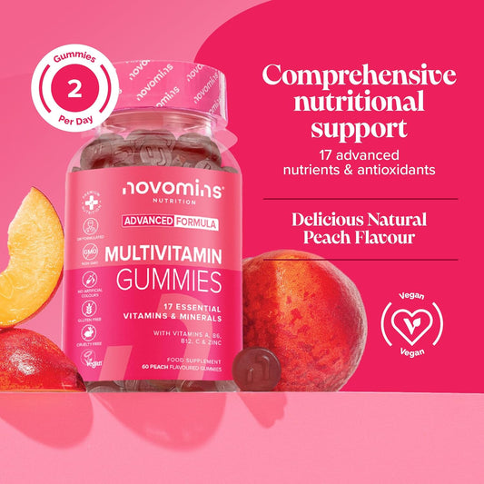 Multivitamin Gummies - With Vitamin C, A, B6, B12, Folic Acid, Zinc - 1-Month Supply - 17 Essential Minerals & Vitamins - Alternative To Multivitamin Tablets For Women & Men - 60 Gummies - Novomins