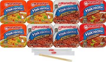 Maruchan Yakisoba Variety, 3 Different Flavors, Single Serving Home-style Japanese Noodles (Pack of 8) with By The Cup Chopsticks