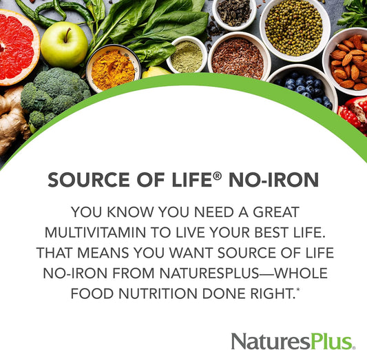 Natures Plus Source Of Life No Iron - 180 Tablets - Multi-Vitamin & Mineral Supplement - Supports Natural Energy & Overall Well-Being - Gluten Free, Vegetarian - 60 Servings