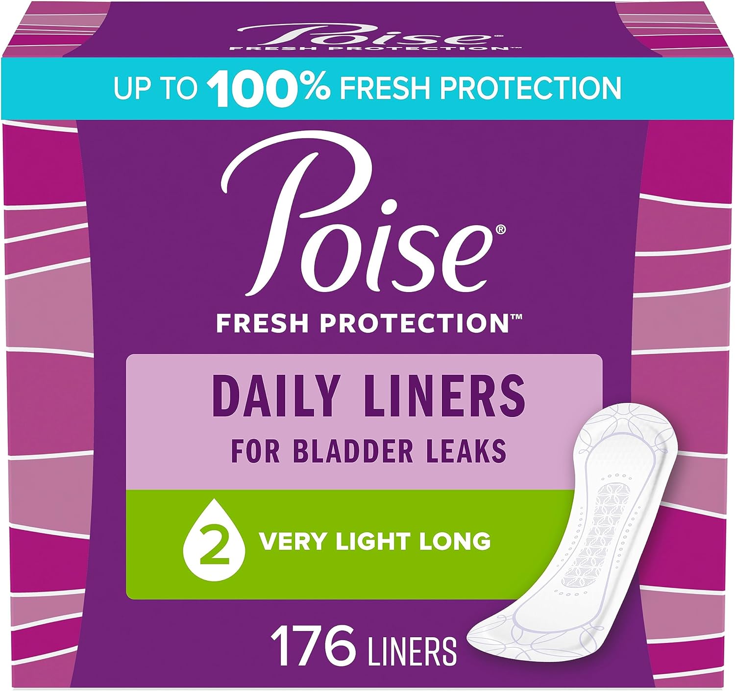 Poise Daily Incontinence Panty Liners, 2 Drop Very Light Absorbency, Long, 176 Count of Pantiliners (4 Packs of 44), Packaging May Vary