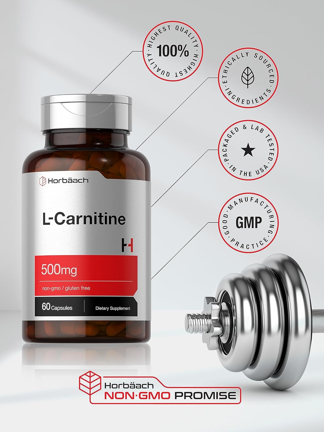 Horbäach L Carnitine Supplement 500mg | 60 Capsules | as L-Carnitine L-Tartrate | Non-GMO and Gluten Free : Health & Household