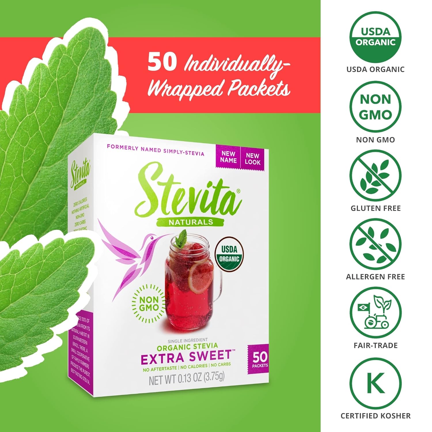 STEVITA Organic Stevia Extra Sweet - 50 Packets - All-Natural, No Calorie Sweetener - USDA Organic, Non-GMO, Vegan, Kosher, Keto, Paleo, Gluten Free - 50 Servings - 2 Pack : Health & Household