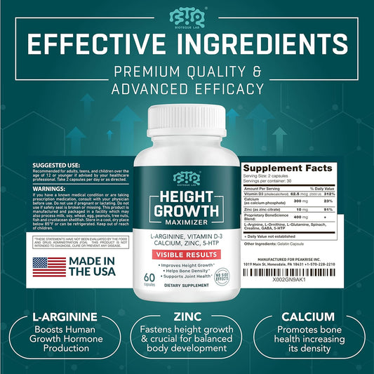 Height Growth Maximizer, Calcium, Vitamin D3 And Zinc Blend Pills, Bone Growth Supplement For Kids And Teens, Bone Strength, Density Support, Gmo-Free, Gluten-Free, Made In Usa, 60 Caps