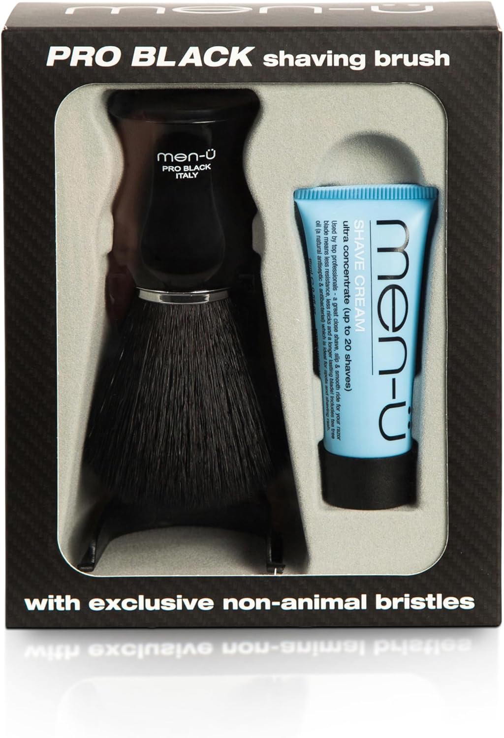 Men-Ü Pro Black Shaving Brush Set – Mens Shaving Brush, Exclusive Manufactured Bristles. New Generation Modern Italian Shaving Brush, Vegan, No Bristle Loss & Includes 15Ml Shave Cream Tube