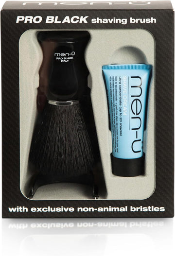 Men-Ü Pro Black Shaving Brush Set – Mens Shaving Brush, Exclusive Manufactured Bristles. New Generation Modern Italian Shaving Brush, Vegan, No Bristle Loss & Includes 15Ml Shave Cream Tube