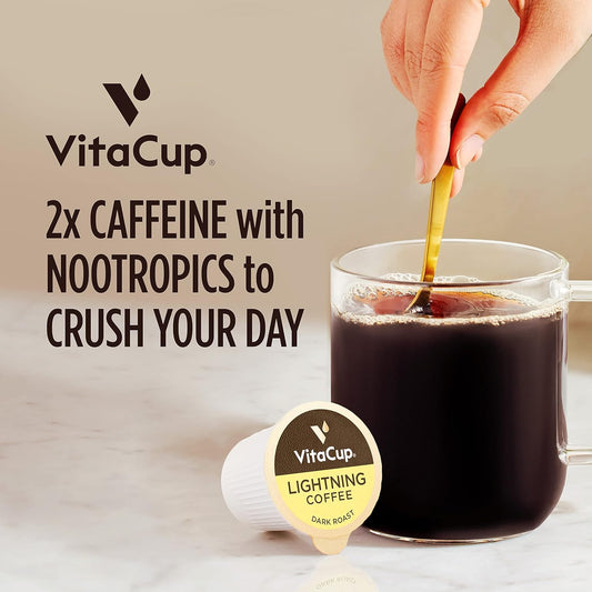 Vitacup Lightning Coffee Pods, Enhance Focus W/ 2X Caffeine, Green Coffee Bean, B Vitamins, D3, Strong Dark Roast Coffee, Single Serve Pod Compatible W/Keurig K-Cup Brewers, 64 Ct (4 Packs Of 16 Ct)