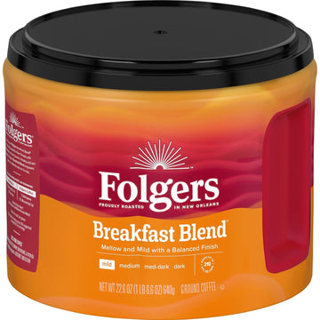 Folgers Breakfast Blend Mild Roast Ground Coffee, 22.6 Ounces (Pack of 6)