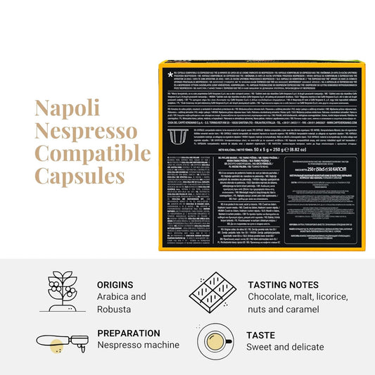 Caffe' Vergnano 1882 Medium Roast Espresso Compatible Capsules, Single-Serve Arabica Robusta Espresso Coffee, Italian Espresso Pods For Coffee Machines, Intensity 10/10, Napoli, 50 Ct