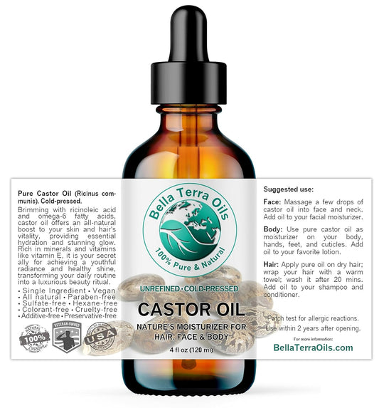 Bella Terra Oils - Organic Castor Oil 4 oz Glass Bottle - Dive into Pure Organic Castor Essence, High in Essential Fatty Acids, Perfect for Nourishing Beauty Rituals
