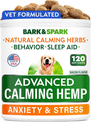 Bark&Spark Advanced Calming Hemp Treats For Dogs - Hemp Oil + Melatonin - Anxiety Relief - Separation Aid - Stress Relief During Fireworks, Storms, Thunder - Aggressive Behavior, Barking - 120 Chews