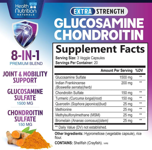 Glucosamine Chondroitin Supplement - 2100Mg Joint Health Supplement With Msm Turmeric & Boswellia - Quercetin For Cartilage, Flexibility & Mobility - Triple Strength Glucosamine Sulfate - 60 Capsules