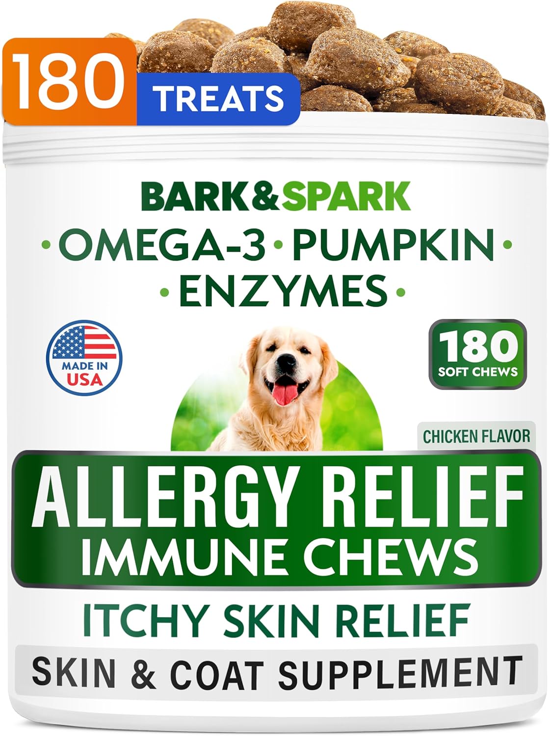 Bark&Spark Dog Allergy Relief Chews (180 Immune Treats) - Anti-Itch Skin & Coat Supplement - Omega 3 Fish Oil - Itchy Skin Relief Treatment Pills - Itching&Paw Licking - Dry Skin & Hot Spots -Chicken